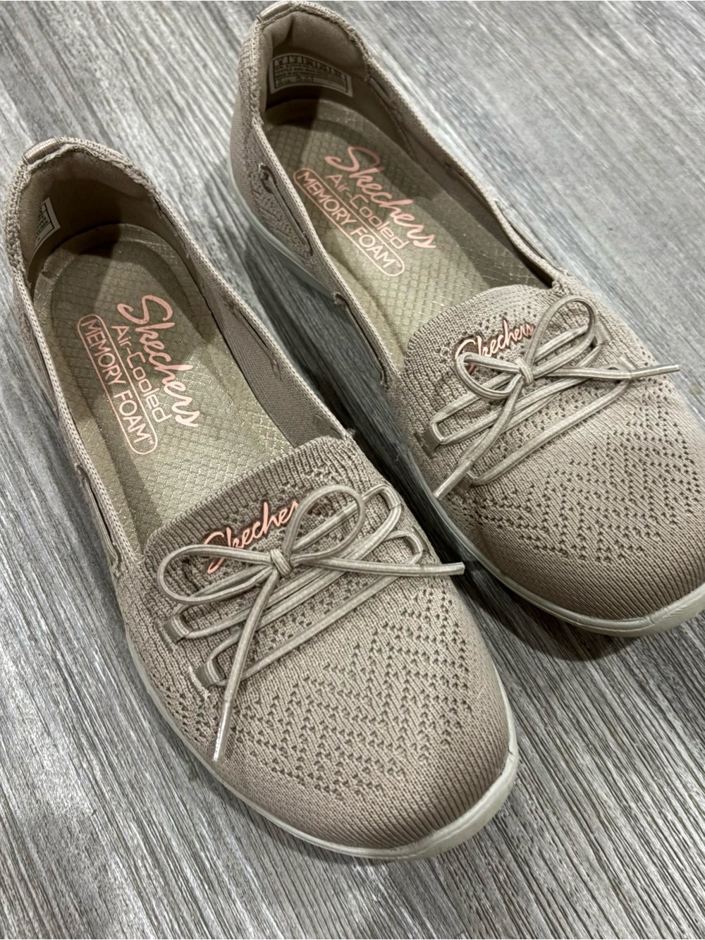 Skechers Women’s Taupe Knit Slip-On Loafers with Bow